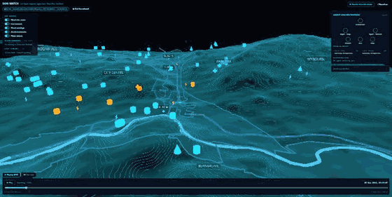 The Don valley flooding: water rises along the river corridor and the at-risk landmarks turn from cyan to red.