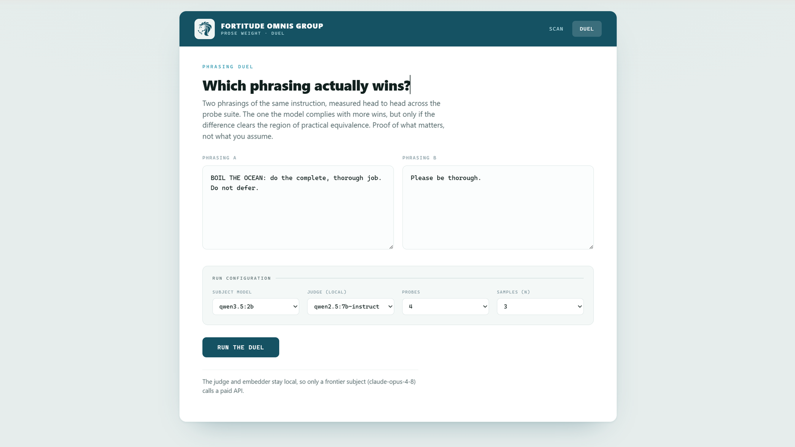 The Prose Weight Visualiser interface: the phrasing-duel control panel, run locally.